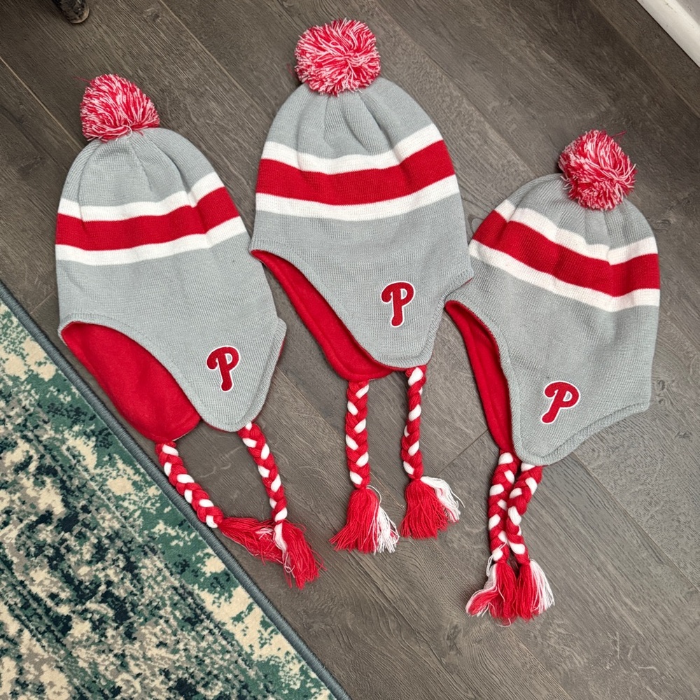 Phillies Cabrini College Knit Winter Hats Lot of 3 Pom Pom Fleece Lined